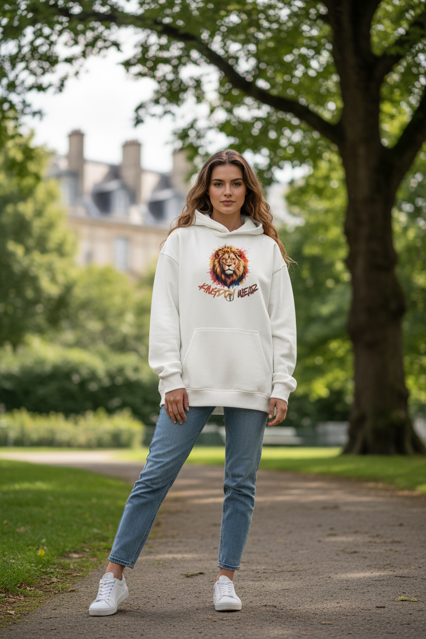 "Frau trägt weißen Kingdom... Hoodie"