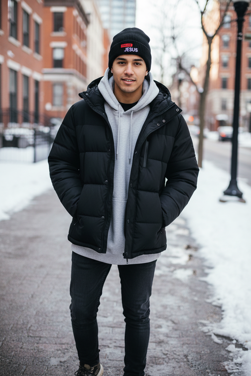 Mann trägt schwarze Follow Jesus Beanie mit rotem Label