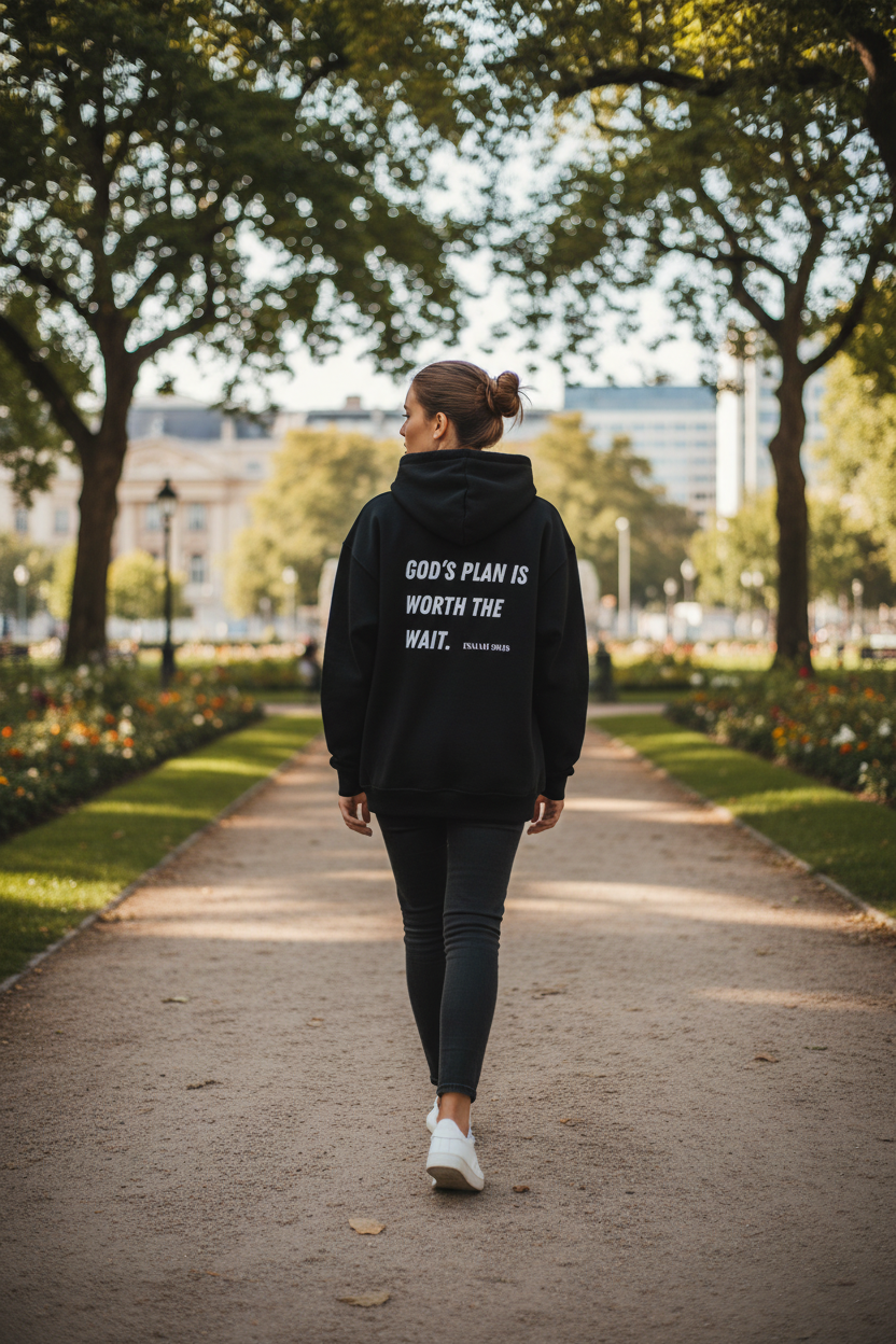 "Frau trägt schwarzen GOD´S PLAN... Hoodie Backprint"