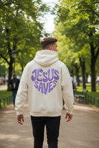 "Mann trägt beige farbenen Jesus Saves Hoodie Back / Front"