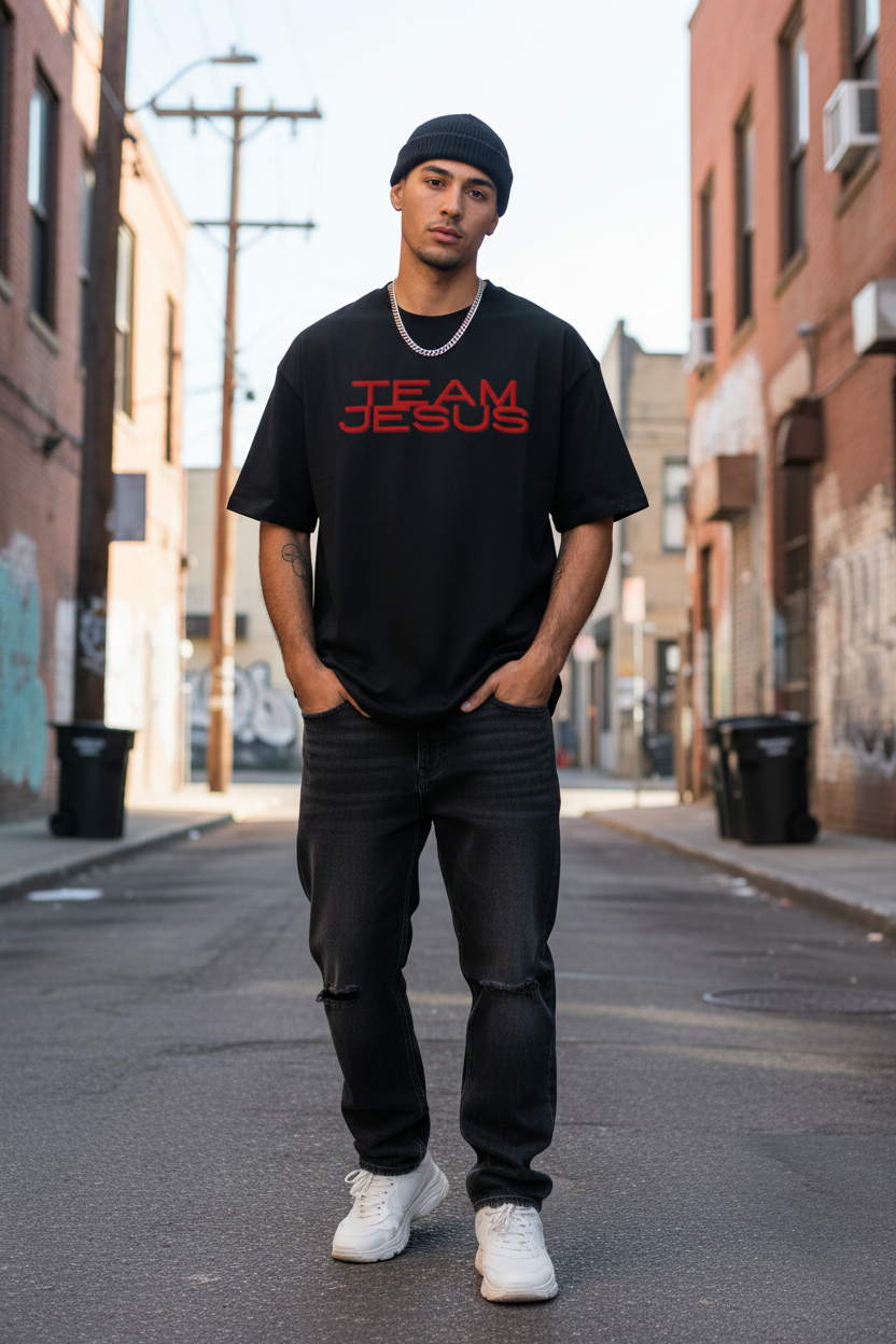 Mann trägt schwarzes Team Jesus Oversized T-Shirt mit rotem Distressed-Print