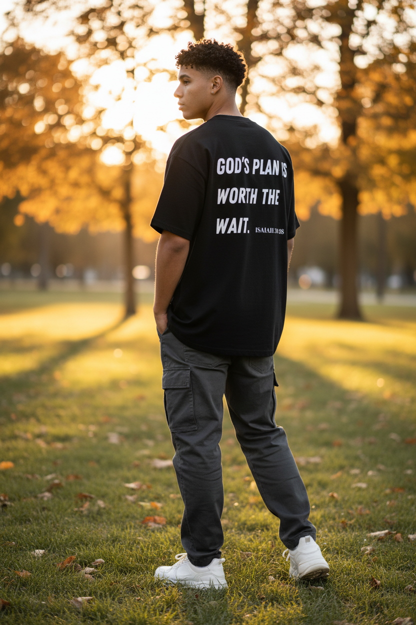 Mann trägt schwarzes God's Plan Oversized T-Shirt Rückenansicht outdoor