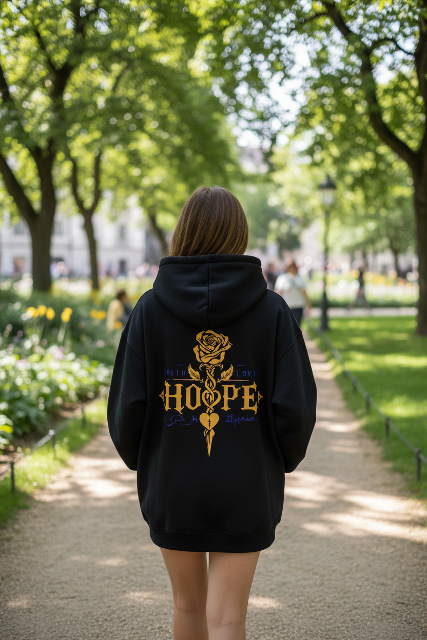 "Frau trägt schwarzen Hope Hoodie Backprint"