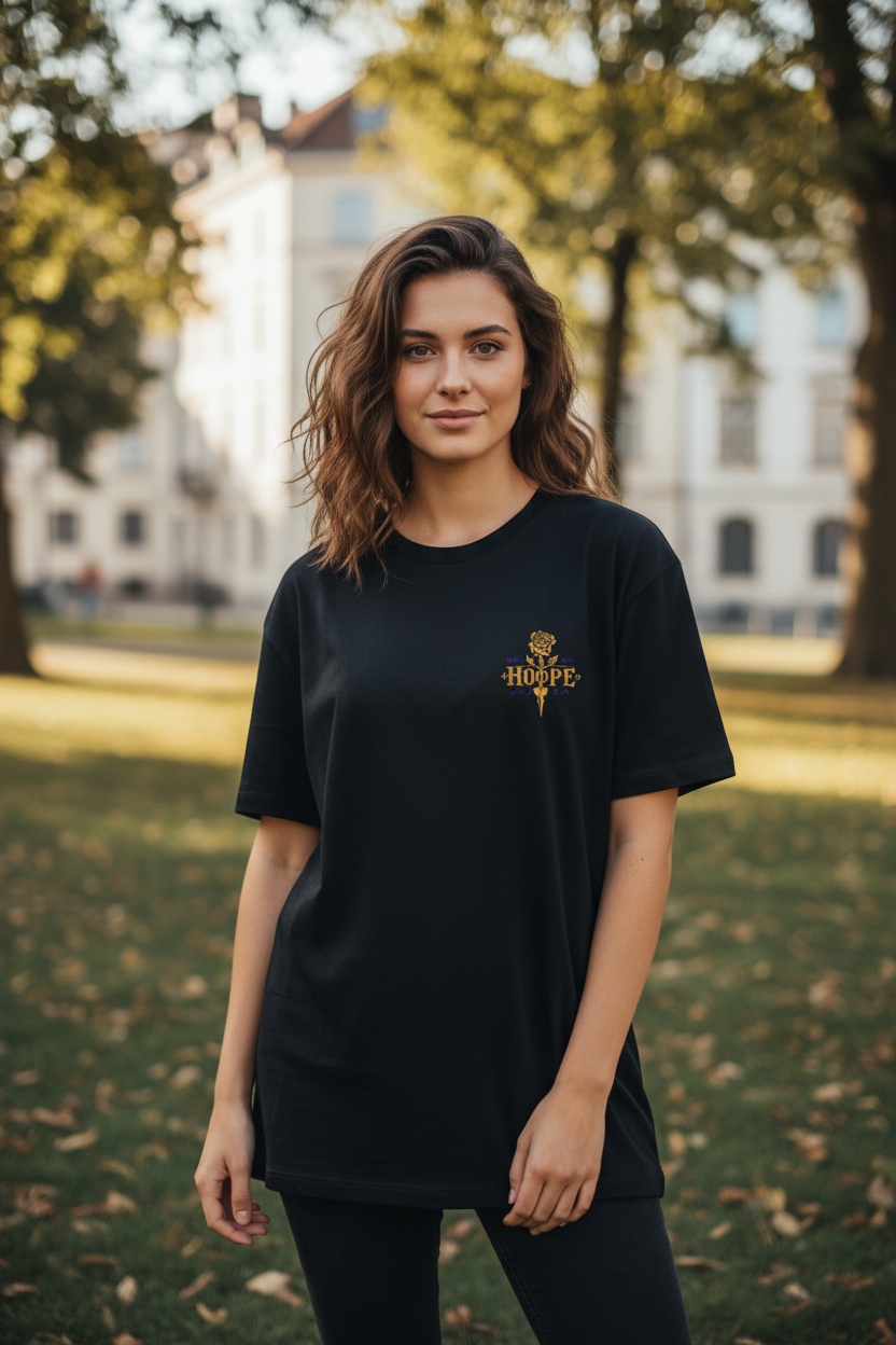 Frau trägt schwarzes Hope Oversized T-Shirt mit goldenem Design
