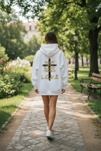 "Frau trägt weißen Du bist.. Love... Hoodie Backprint"