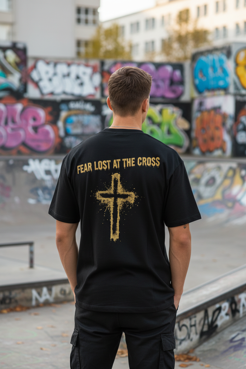 Mann im Skatepark trägt schwarzes Fear Lost At The Cross Oversized T-Shirt mit goldenem Kreuz
