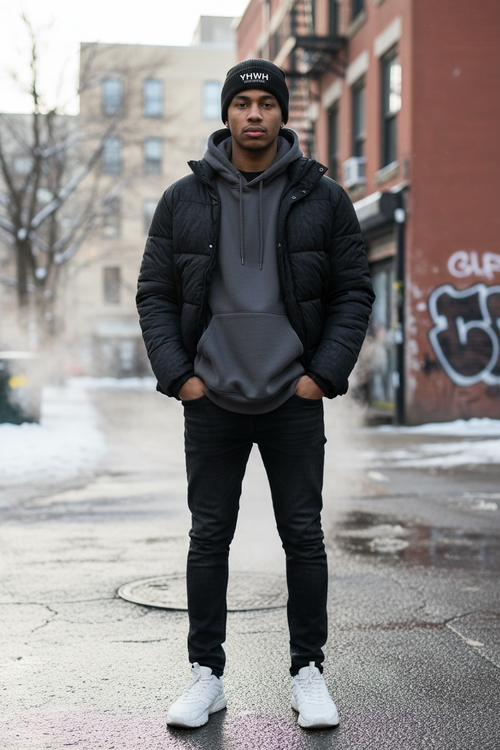 Mann trägt schwarze YHWH Our Savior Beanie mit weißem Text