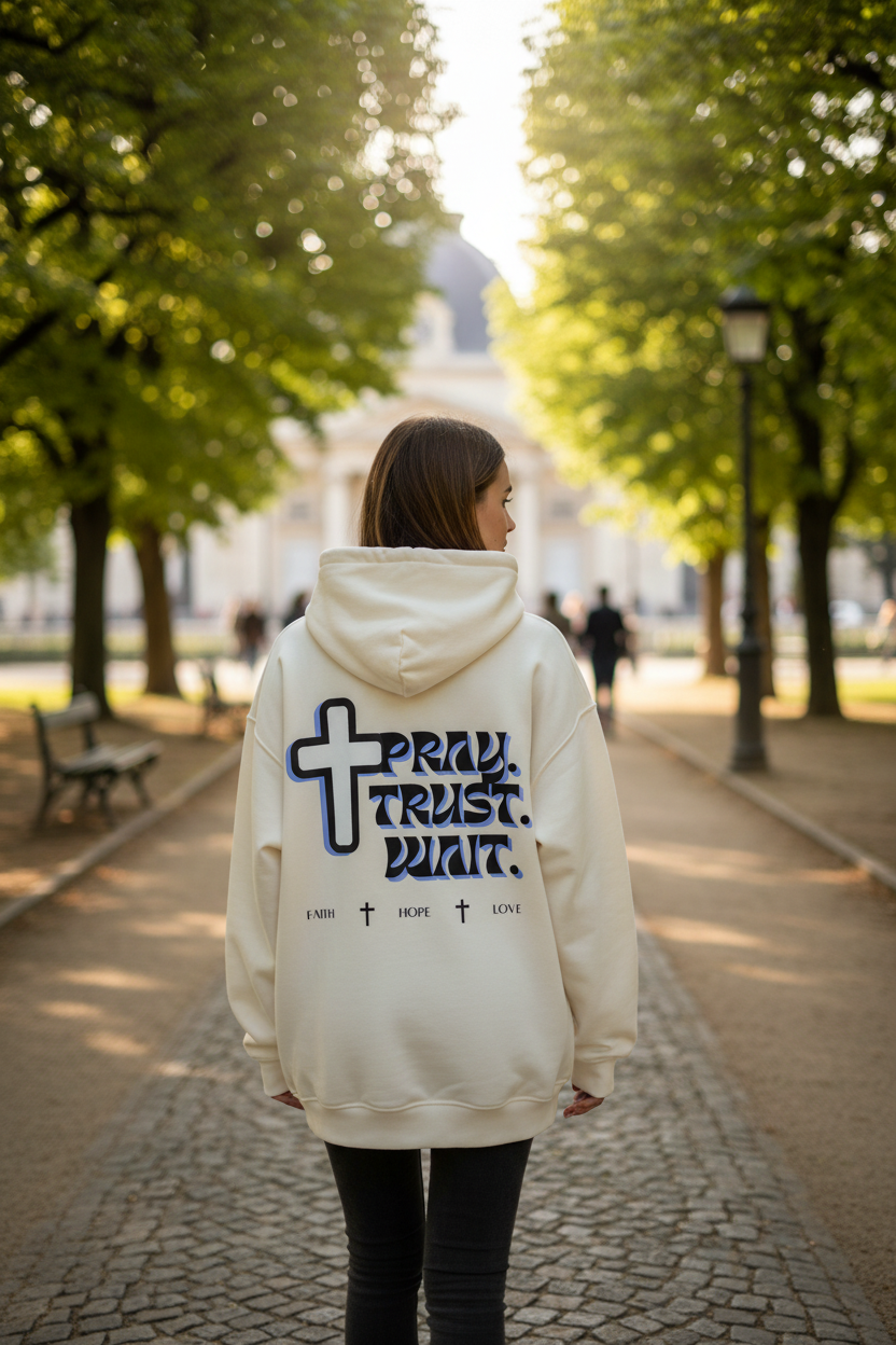 "Frau trägt weißen Pray.Trust.Wait Hoodie Backprint"