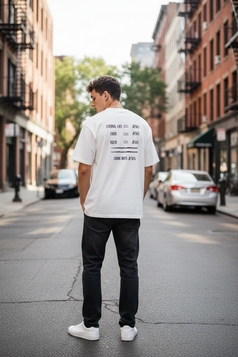 Mann trägt weißes Living With Jesus Oversized T-Shirt mit Backprint Eternal Life Faith Truth
