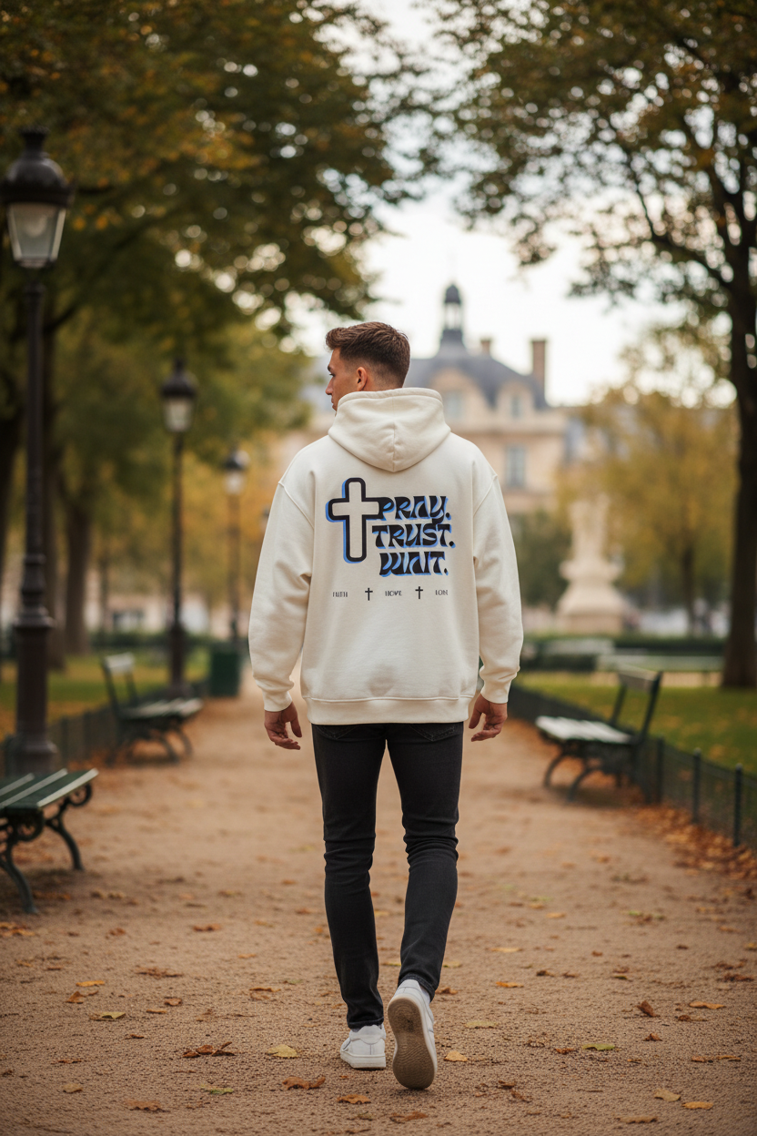 "Mann trägt weißen Pray.Trust.Wait Hoodie Backprint"