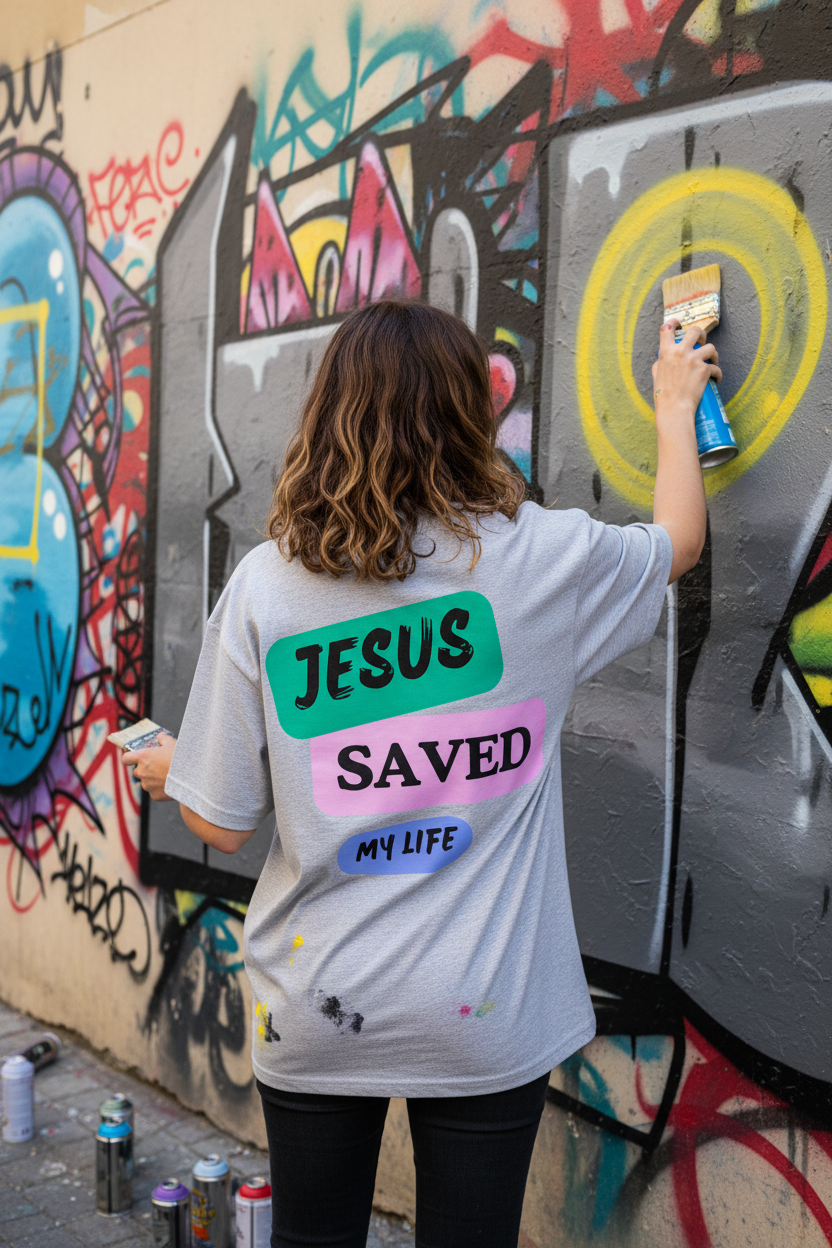 Frau beim Street Art malen trägt graues Jesus Saved My Life Oversized T-Shirt