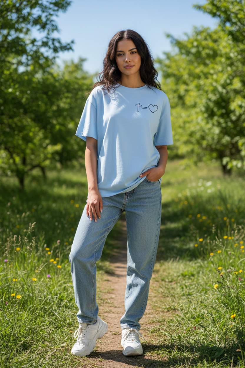 Frau trägt hellblaues Jesus Love Oversized T-Shirt mit Kreuz-Herz-Symbol