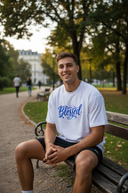 Mann sitzt entspannt auf Parkbank und trägt weißes Blessed Oversized T-Shirt