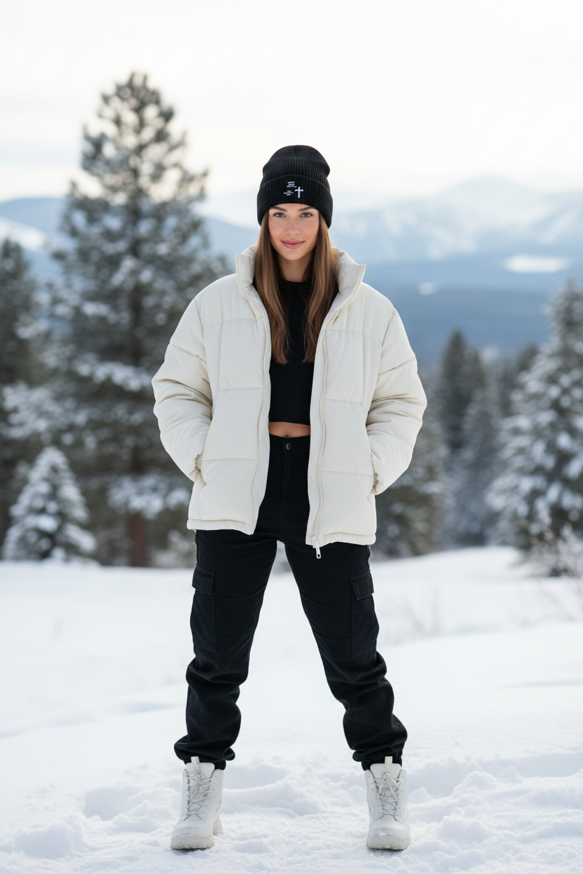 Frau trägt schwarze I Was Beanie mit weißem Kreuz-Symbol