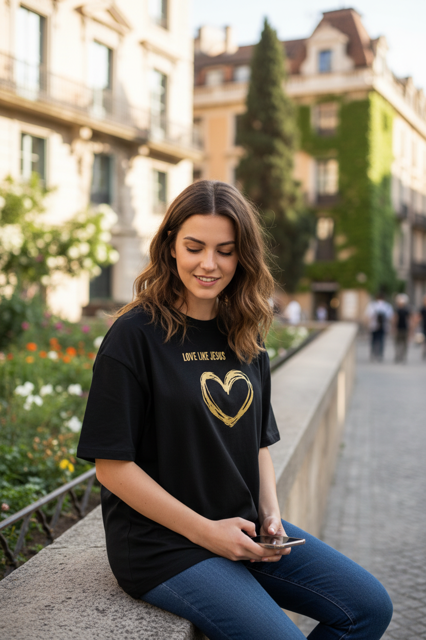 Frau sitzt auf Mauer und trägt schwarzes Love Like Jesus Oversized T-Shirt mit goldenem Herz