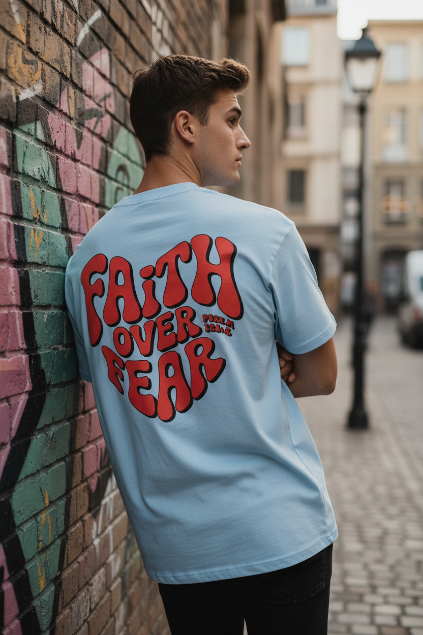 Mann lehnt an Wand und trägt hellblaues Faith over Fear Oversized T-Shirt