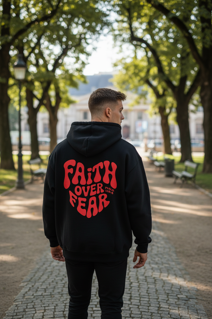 "Mann trägt schwarzen Faith over Fear Hoodie"