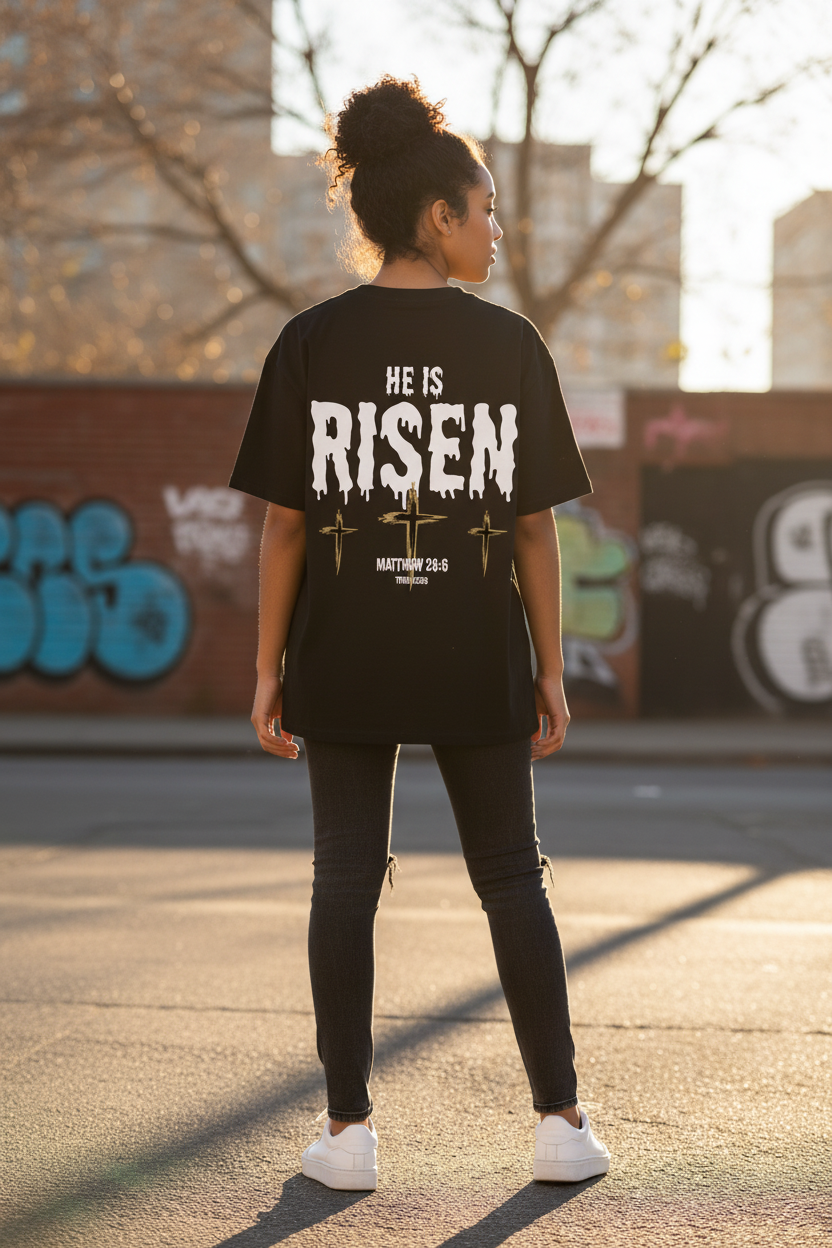 He Is Risen Oversized T-Shirt – Woman Back Outdoor